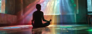 a serene individual sitting cross-legged surrounded by glowing, colorful chakras in a peaceful meditation room.