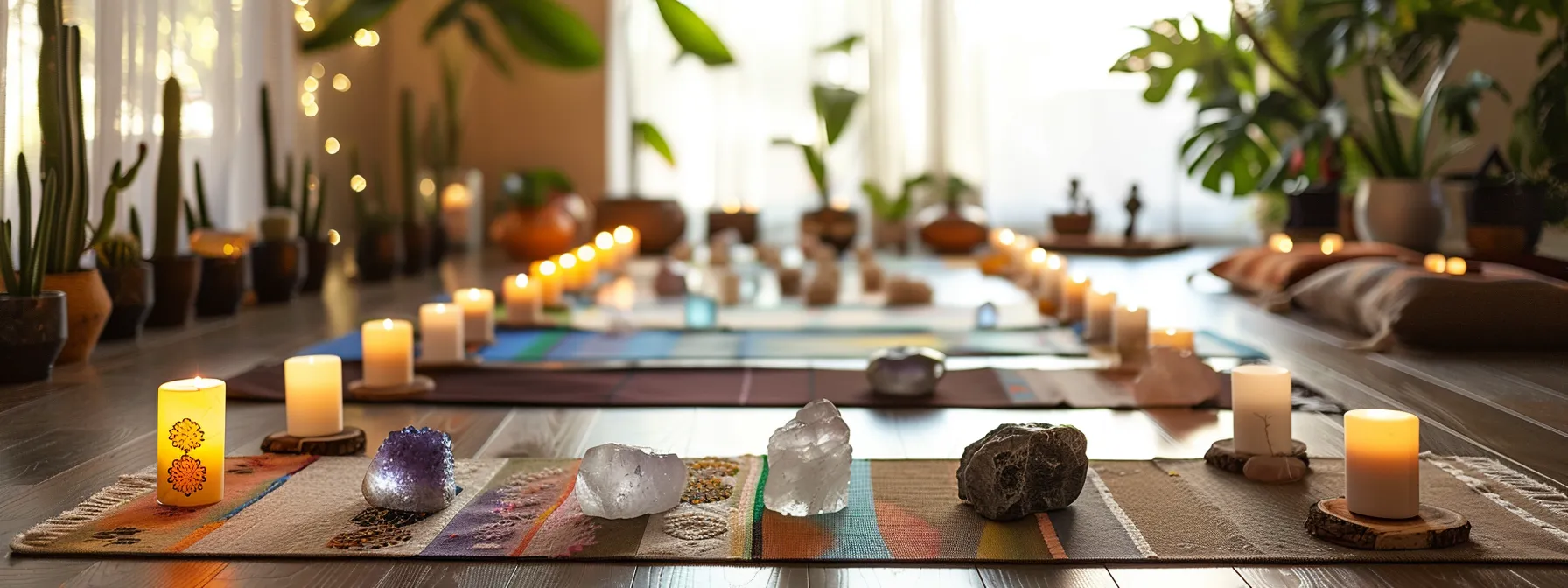 a serene meditation space filled with colorful crystals, aromatic essential oils, soothing sound healing instruments, and yoga mats laid out to enhance your chakra practice.