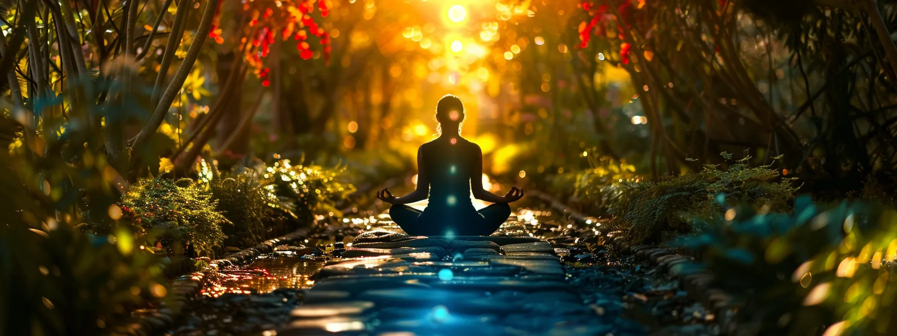 a serene photo of a person meditating in a lush garden, surrounded by vibrant colors and gentle light to depict the concept of understanding chakras and energy flow.