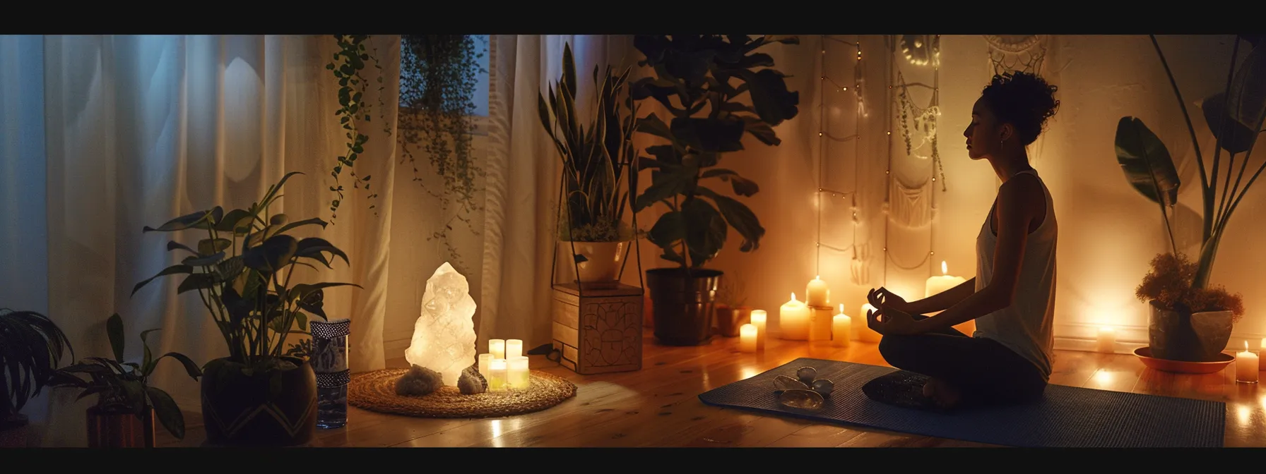 a serene room illuminated by soft candlelight, with a person sitting cross-legged on a yoga mat, eyes closed in deep concentration, surrounded by crystals and plants for a chakra meditation session.