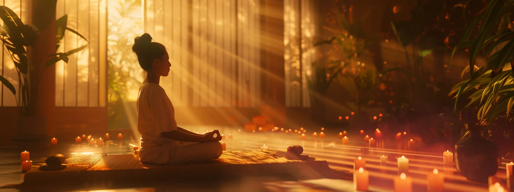 a serene room with soft lighting and calming decor, a person sitting cross-legged with closed eyes, surrounded by incense and candles, in deep concentration for chakra meditation.