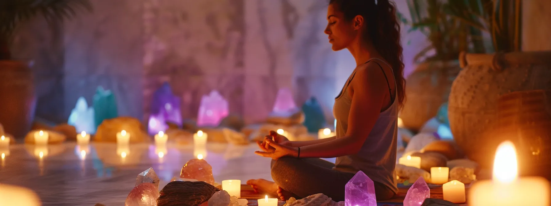 a serene yoga practitioner surrounded by candles and crystals, fostering mindfulness and preparing for chakra activation.