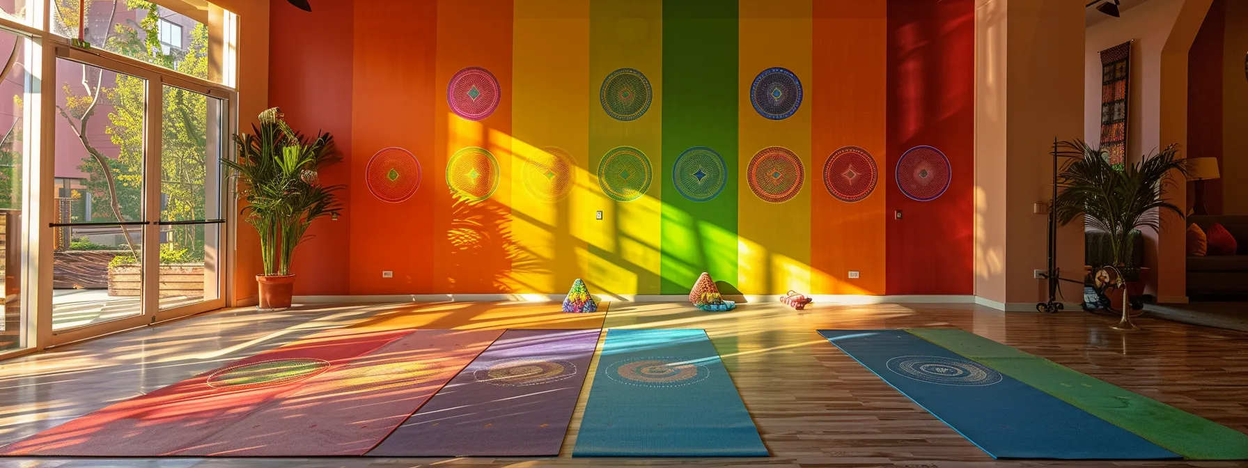 a serene yoga studio with colorful chakra symbols painted on the walls, showcasing a harmonious blend of traditional health practices and energy work.