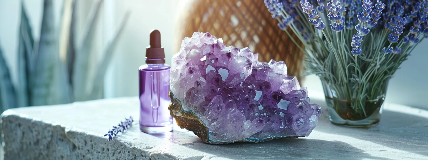 a shimmering amethyst crystal cluster sits beside a bottle of soothing lavender aromatherapy oil, creating a tranquil and harmonious energy setting.