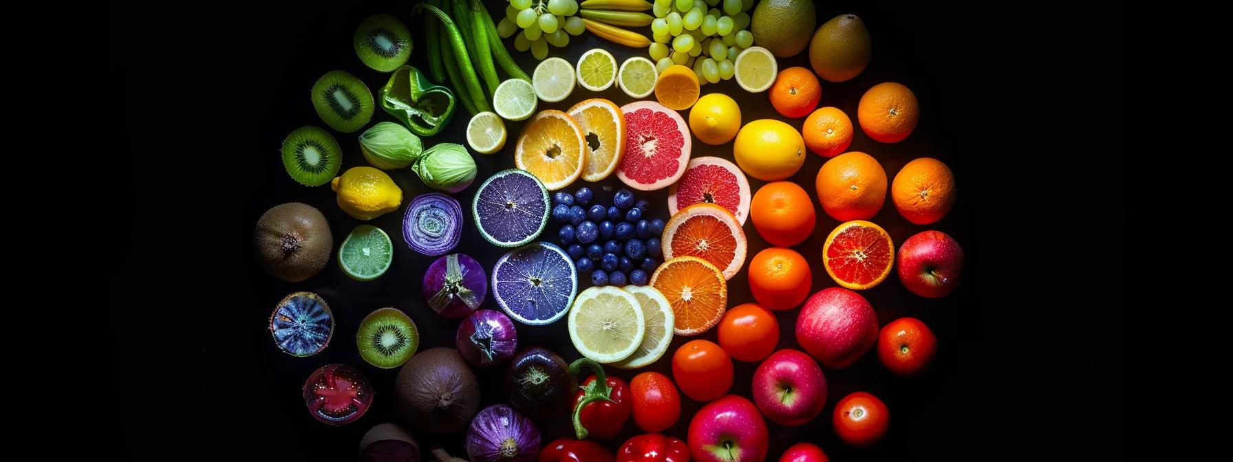 a vibrant array of colorful fruits and vegetables arranged in a circular pattern, symbolizing the connection between chakras and nutrition.