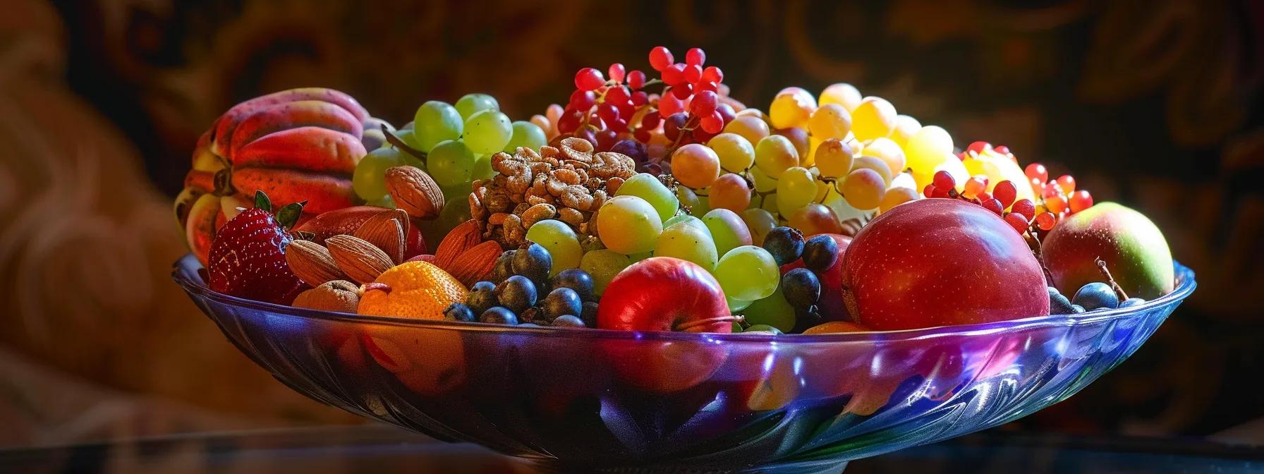 a vibrant bowl of colorful fruits, nuts, and grains arranged in a harmonious display, representing the powerful connection between nutrition and chakra balance.