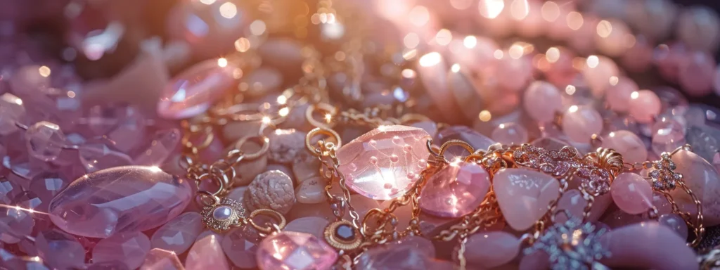 a delicate array of shimmering rose quartz necklaces and jewellery glistening under soft australian sunlight.