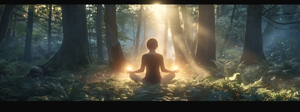 a glowing light surrounds a person meditating in a peaceful forest clearing, showcasing the power of energy healing techniques.