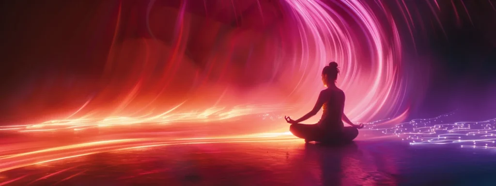 a person performing a kundalini yoga sequence with vibrant, flowing movements, surrounded by a halo of energy, representing the activation of energy flow in the body and mind.