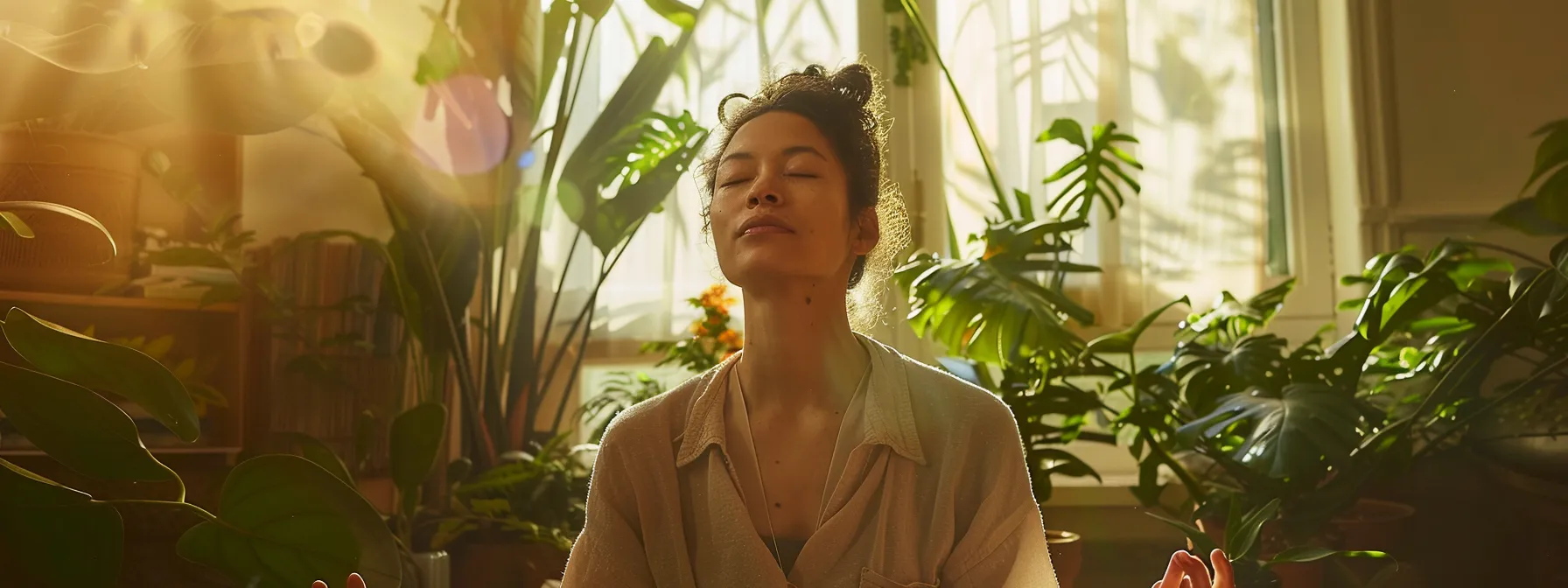 a person with closed eyes, meditating peacefully in a sunlit room surrounded by plants, embodying patience and inner guidance for a kundalini awakening journey.