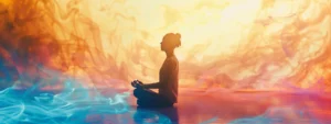 a serene figure surrounded by vibrant swirling colors while meditating in a peaceful, sunlit room.