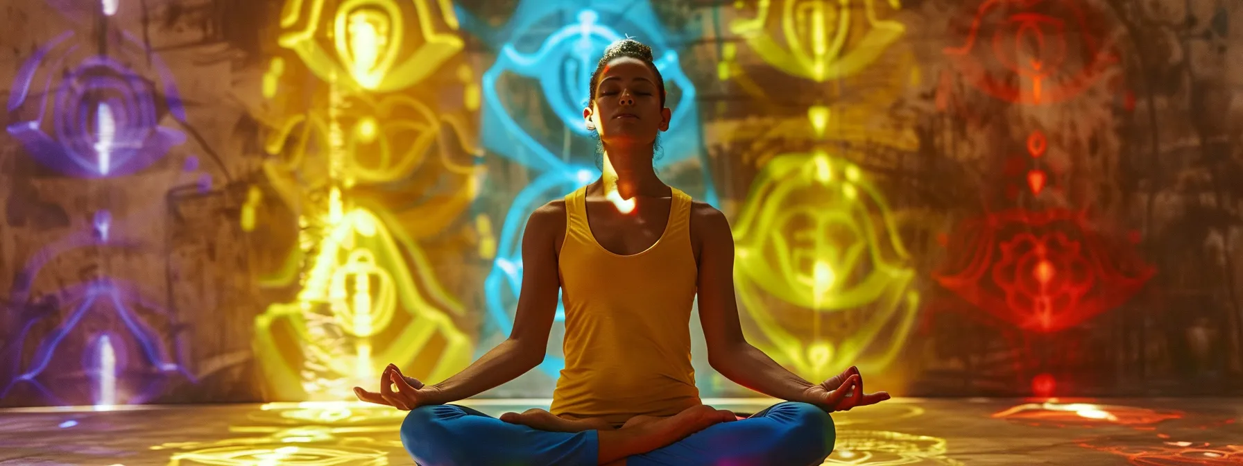 a serene yoga practitioner surrounded by colorful chakra symbols, deep in meditation with eyes closed, embodying a harmonious balance between mind, body, and spirit.