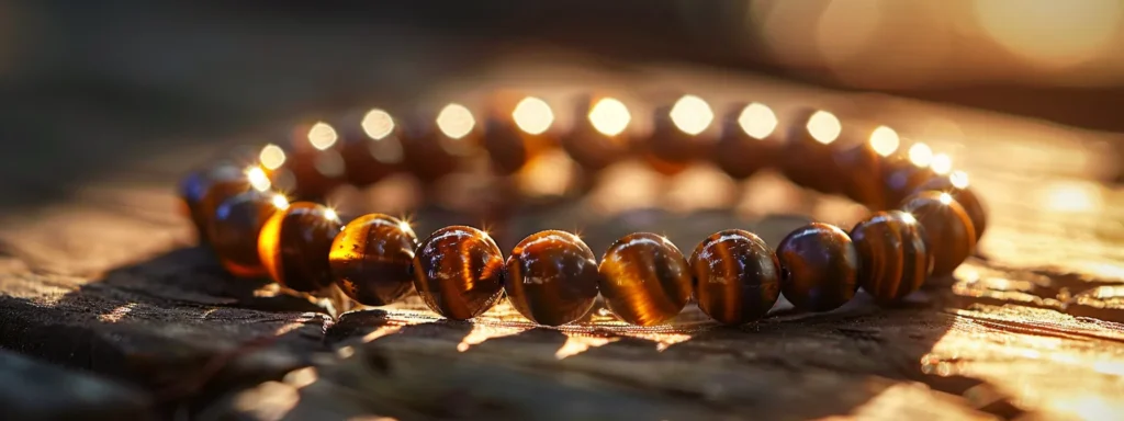 a striking tiger eye bracelet catching the light, showcasing its power and beauty.