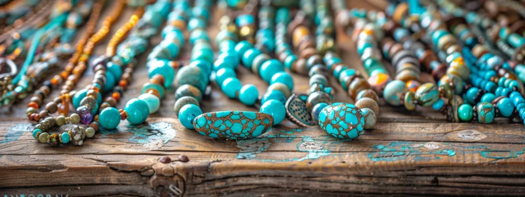 a stunning display of shimmering turquoise necklaces delicately arranged on a rustic wooden tabletop.