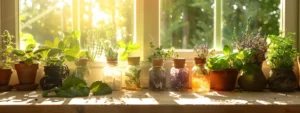 a vibrant array of fresh herbs and healing crystals displayed on a sunlit windowsill, symbolizing the natural and holistic approach of homeopathy towards health recovery.