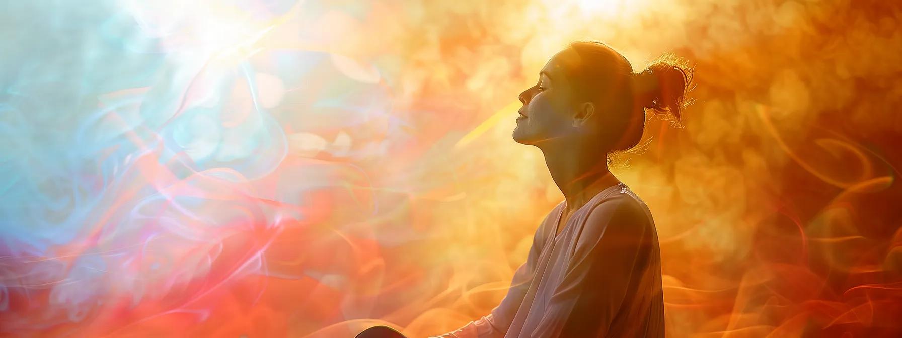 vivid visualization of a healing light engulfing a serene individual, embodying the principles of creative visualization and inner well-being.