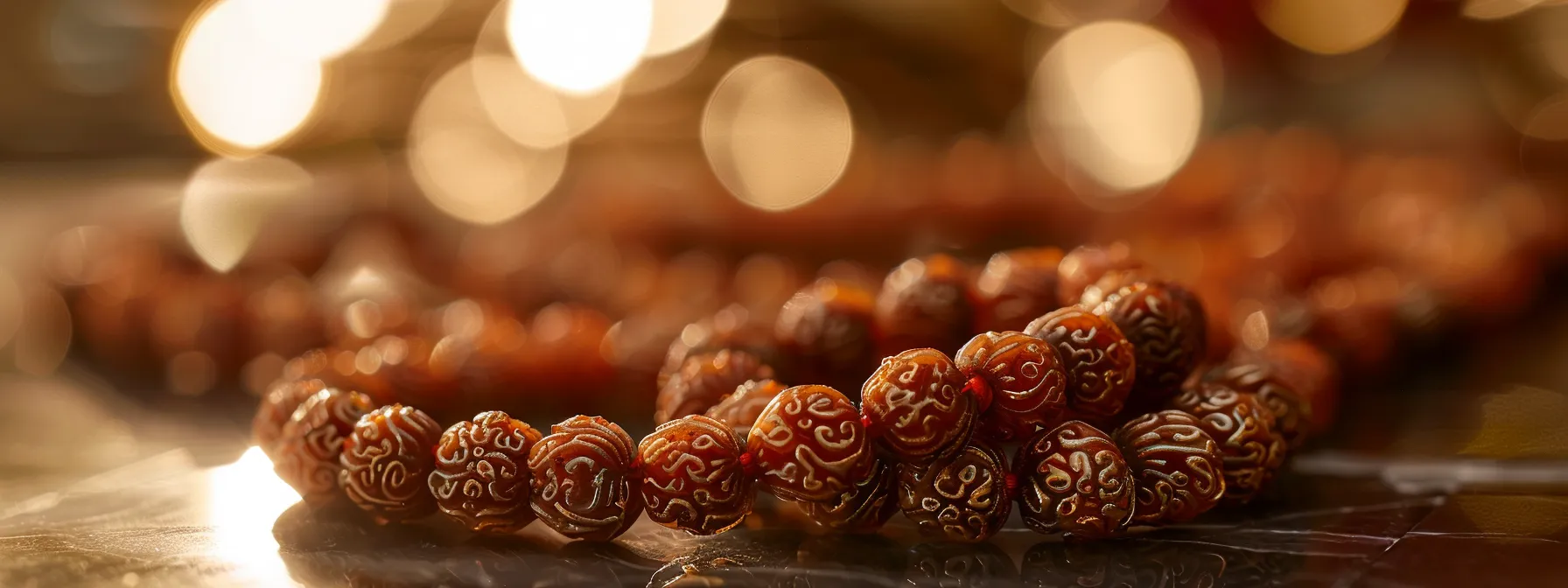 a close-up shot of a string of shimmering rudraksha beads, radiating a peaceful and spiritual energy.