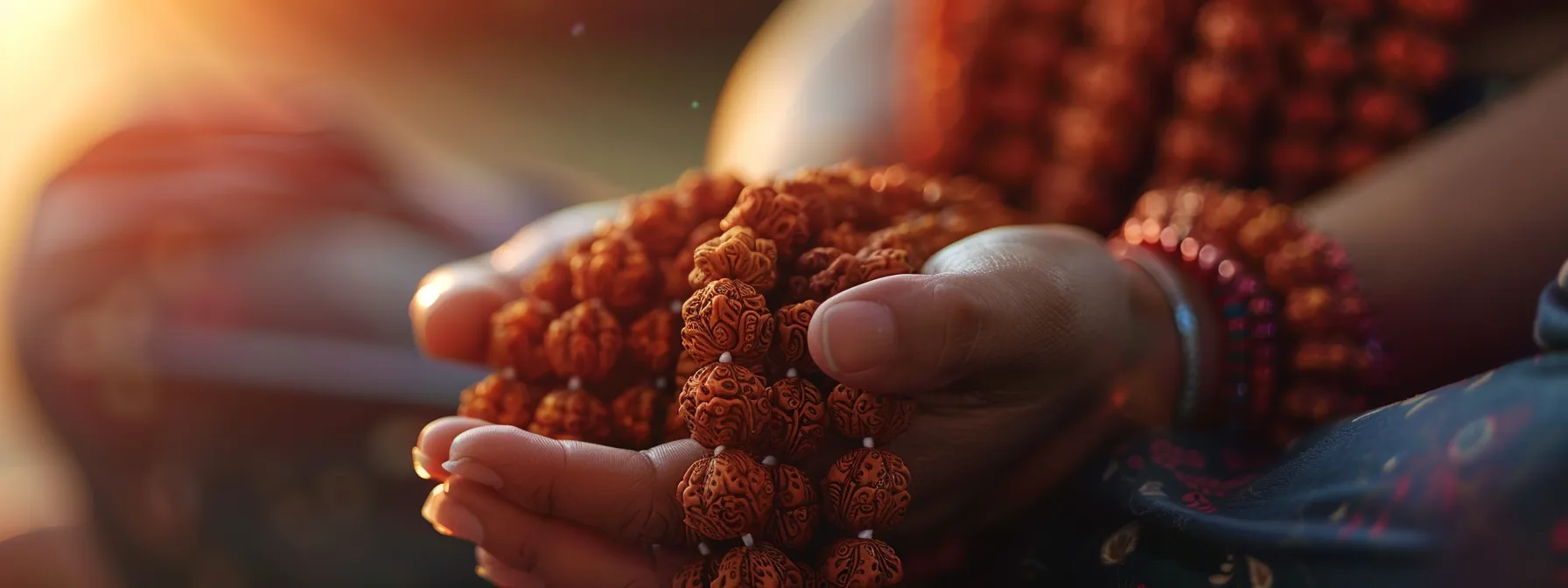 a close-up shot of a person meditating with a string of intricate and sacred rudraksha beads wrapped around their wrist, exuding a sense of peace and harmony.