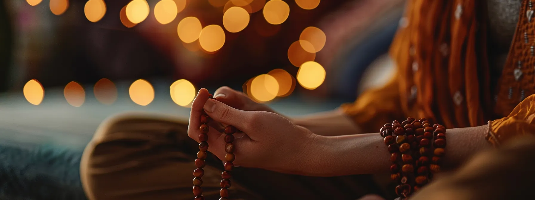 a close-up photo of a person meditating with a rudraksha bead mala wrapped around their hand, symbolizing deep focus and energetic connection.