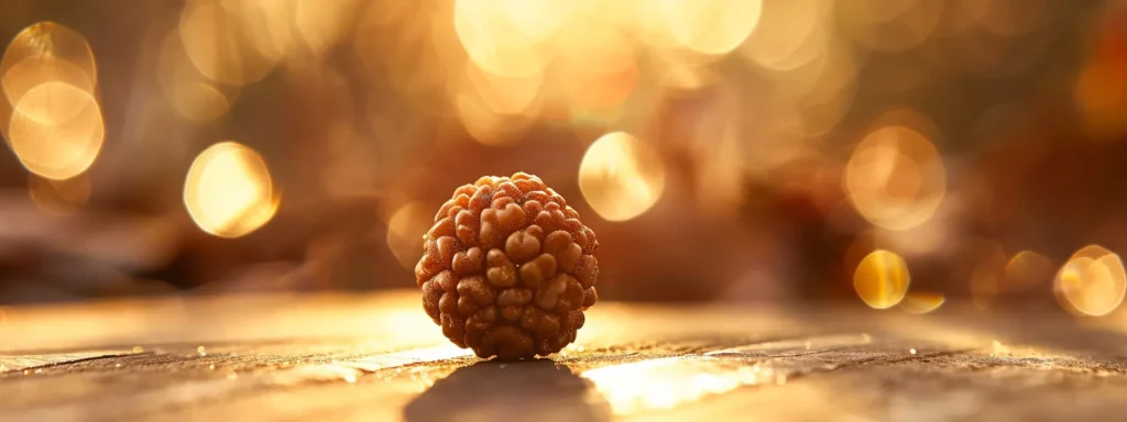 a close-up shot of a single rudraksha bead glowing under soft, golden light, symbolizing spiritual growth and inner awakening.