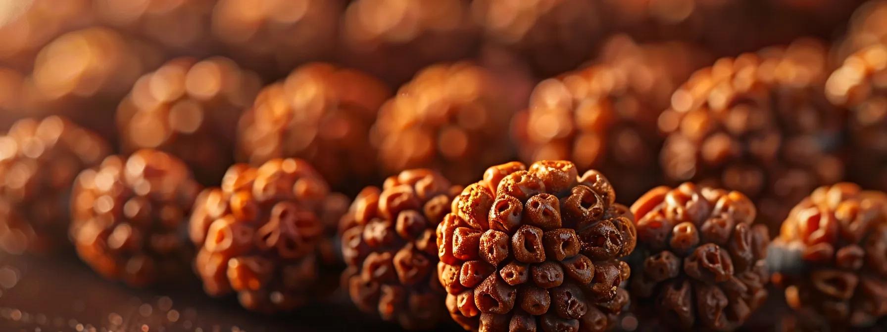 a close-up photo of a genuine rudraksha mala bead, showcasing its intricate texture and natural imperfections, symbolizing authenticity and spiritual significance.