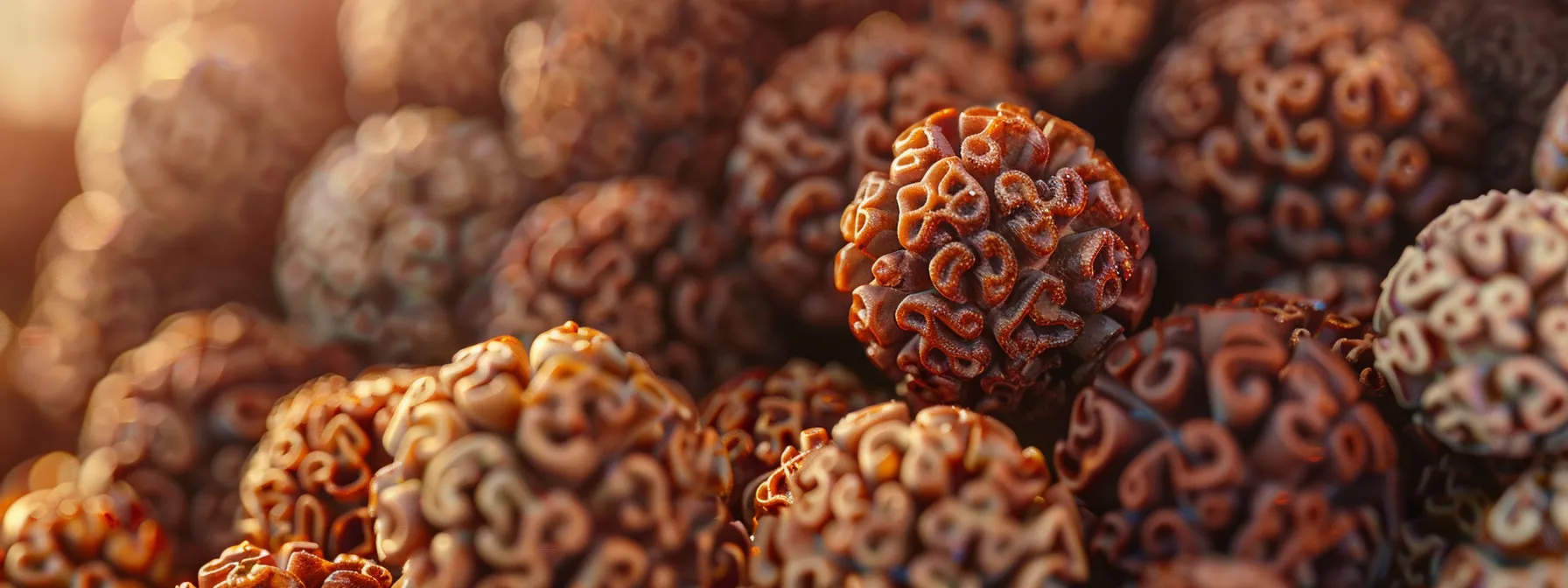 a close-up photo showing a variety of intricate rudraksha beads with different mukhis, each radiating its own unique energy and significance.