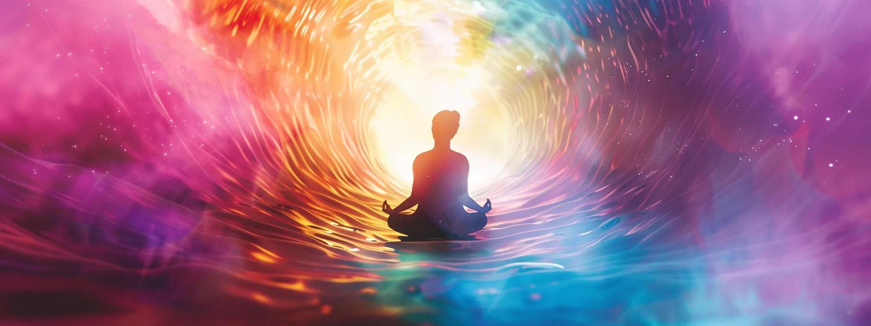 a figure meditating peacefully under a vibrant, swirling vortex of glowing kundalini energy.