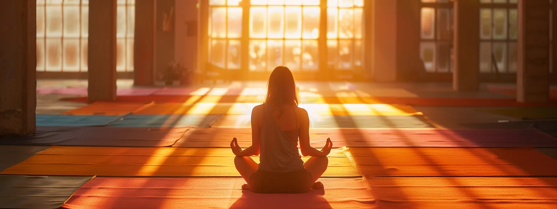 a peaceful meditator surrounded by vibrant colored yoga mats in a serene, sunlit studio, practicing poses to align each energy center for chakra balance.