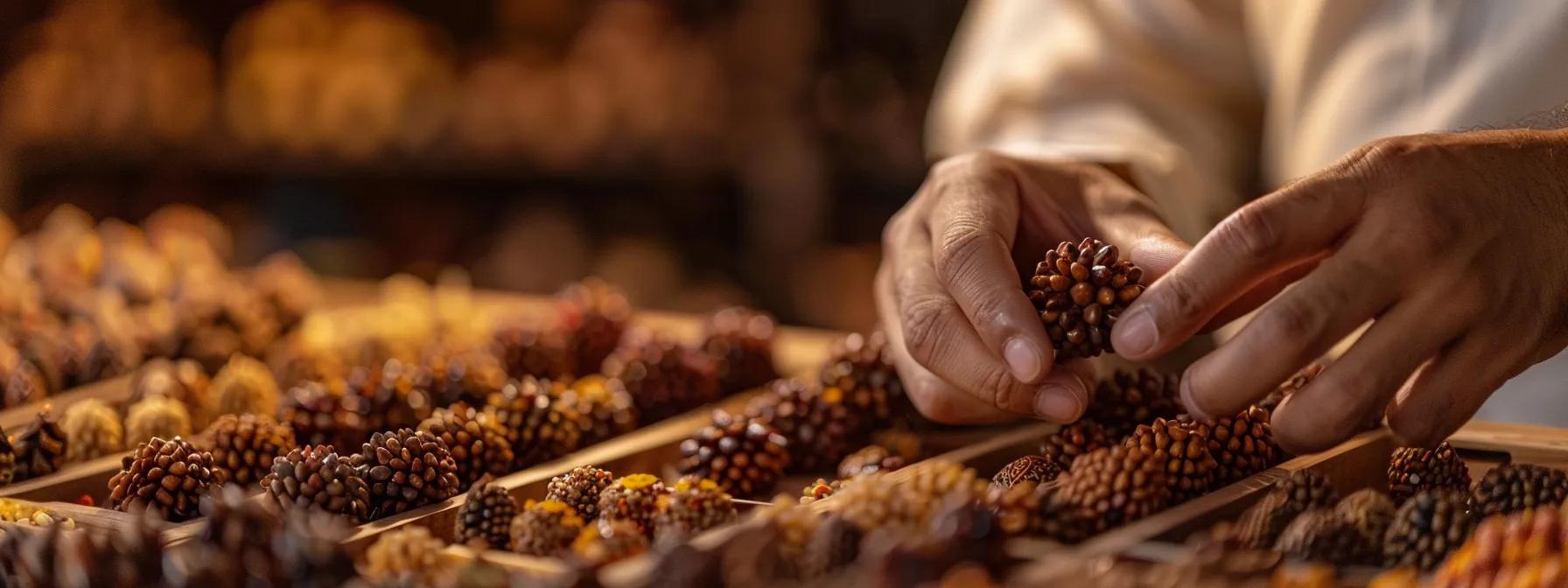 a person carefully examining a diverse array of rudraksha malas, each radiating a unique energy and spiritual significance.