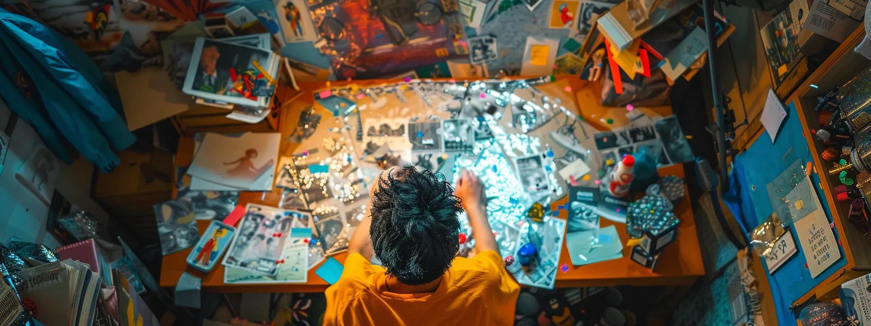 a person deeply focused, surrounded by a colorful vision board and visual tools, crafting detailed mental images to enhance creative visualization.