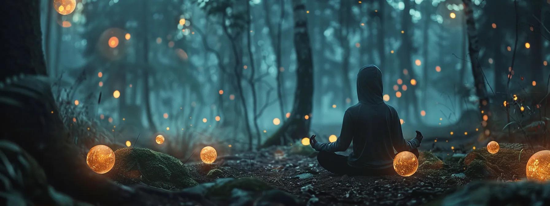 a person meditating in a serene forest, surrounded by mystical glowing orbs, symbolizing the balance between rational thought and magical experiences in mindfulness.