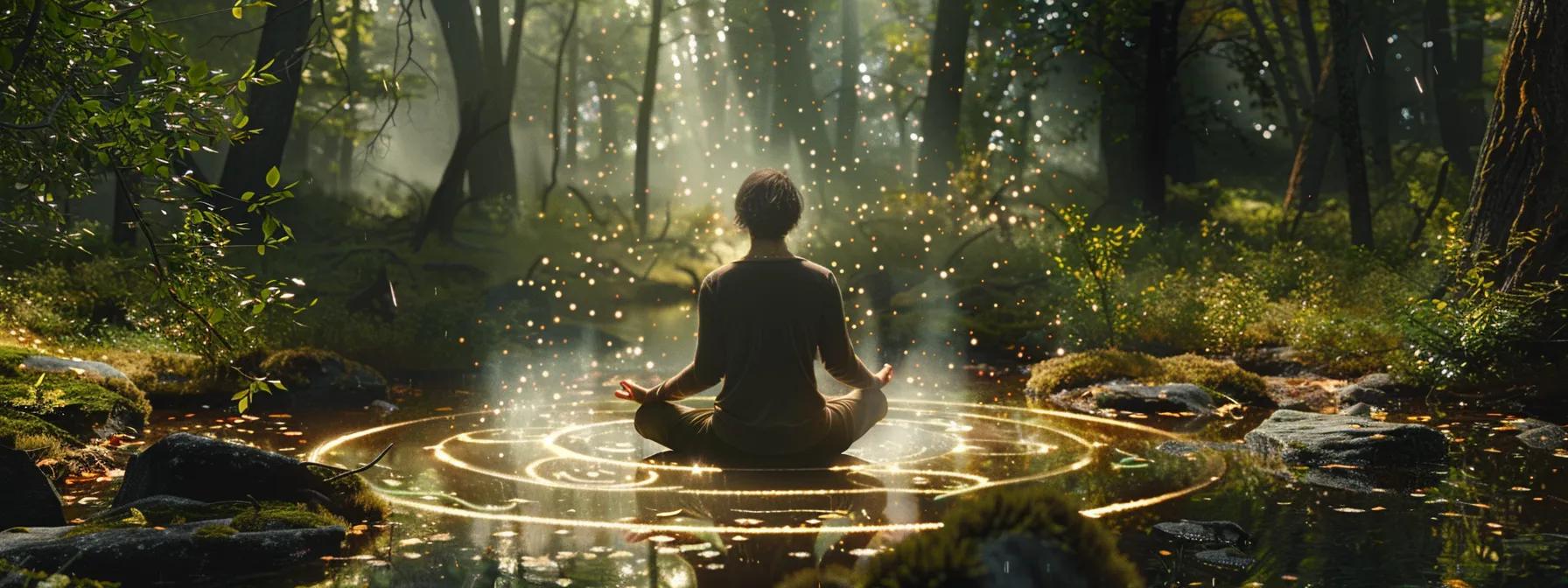 a person meditating in a serene forest setting surrounded by mystical symbols, creating a tranquil and enchanting atmosphere for deep focus and relaxation.