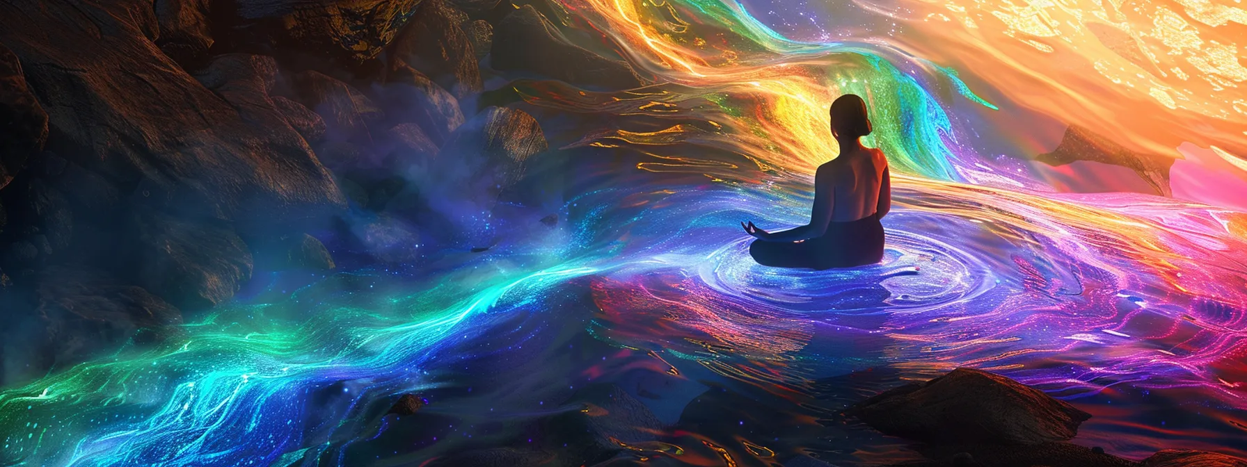 a person meditating in a serene environment surrounded by colorful swirling energy representing the balanced chakras.