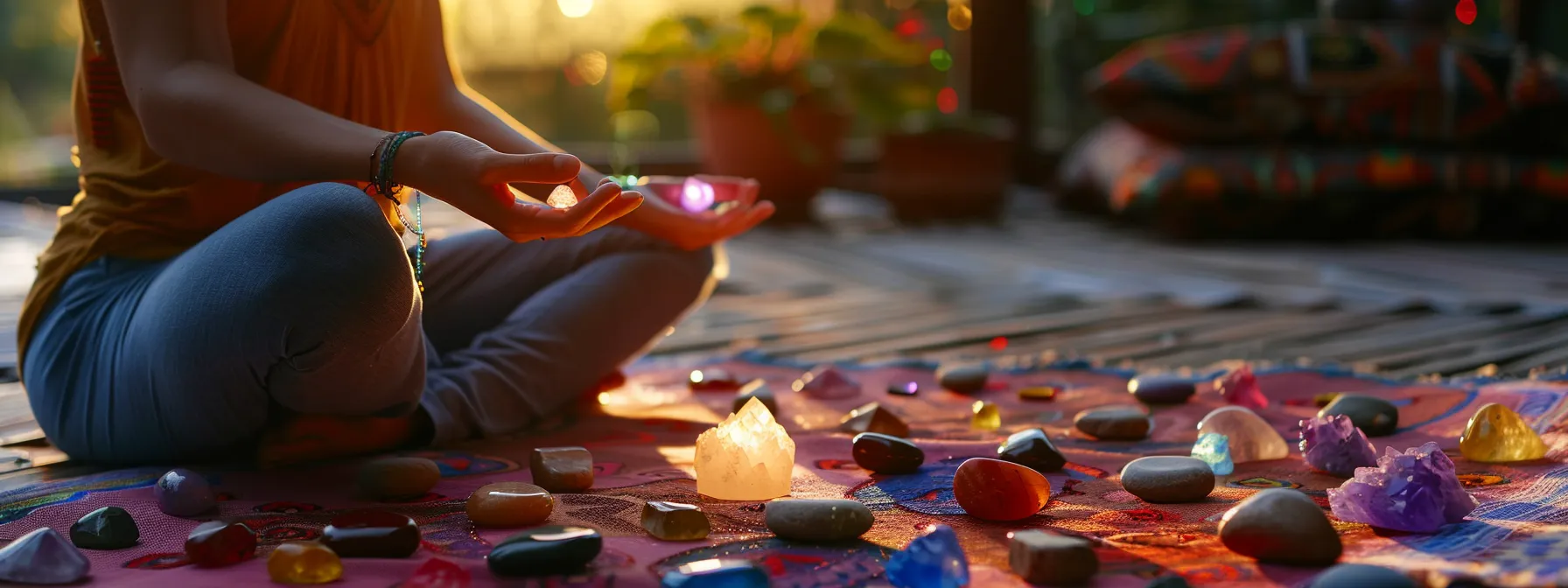 a person meditating with a glowing amethyst healing stone in hand, surrounded by a variety of colorful chakra stones on a serene, sunlit yoga mat.