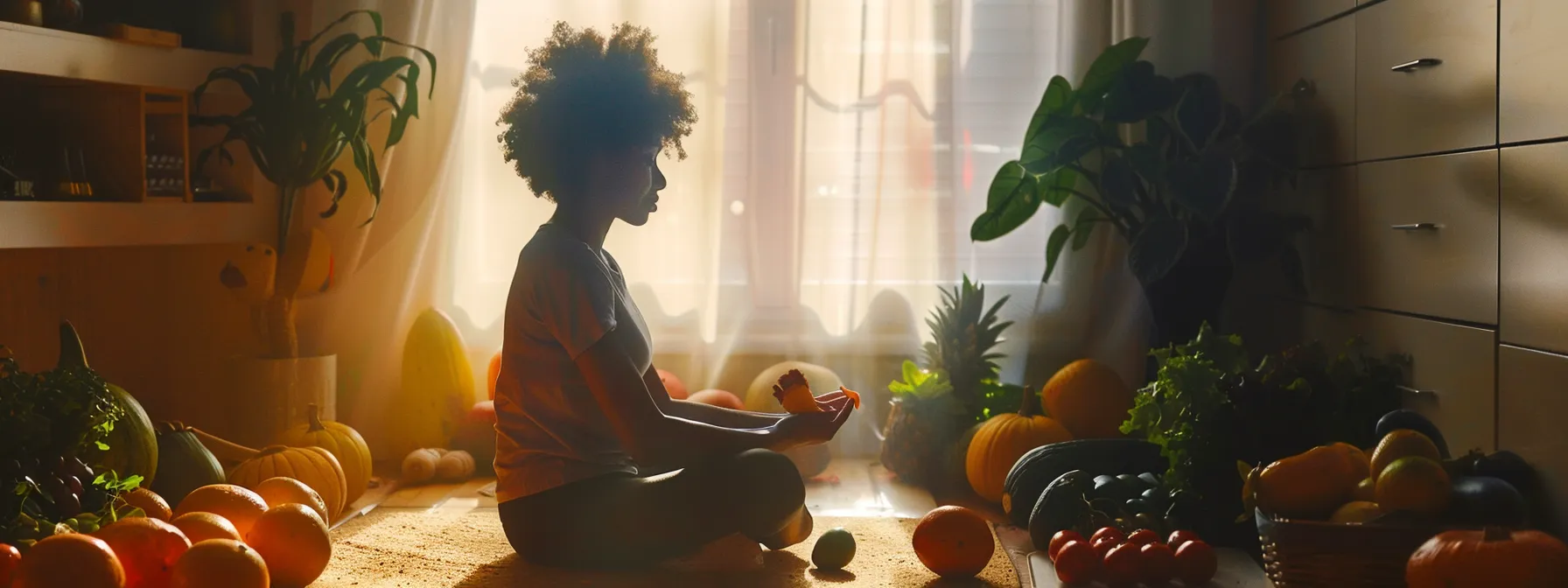 a person practicing mindful eating, surrounded by colorful fruits and vegetables, with a gentle breeze blowing through the room, creating a serene and balanced atmosphere.