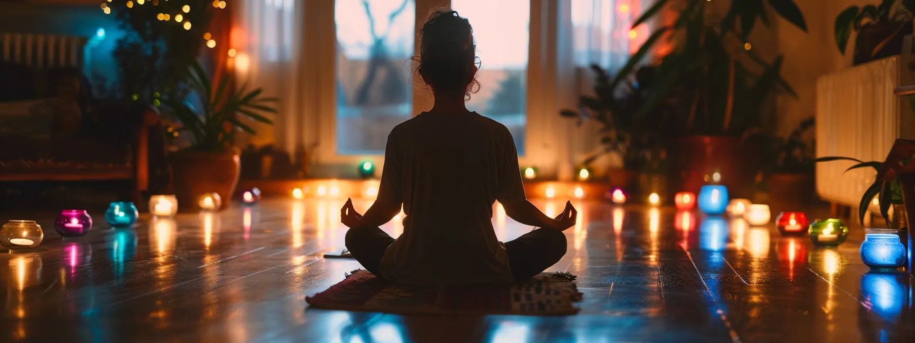 a person seated in a serene meditation pose, surrounded by soft candlelight, focusing deeply on visualizing their chakras and awakening their kundalini energy.