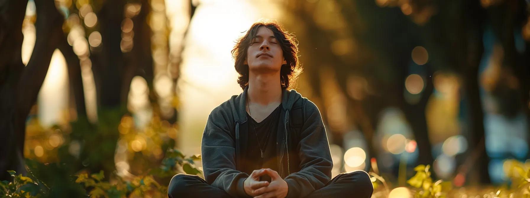 a person sitting cross-legged outdoors, eyes closed with a serene expression, visualizing their goals surrounded by a vibrant aura of creativity and determination.