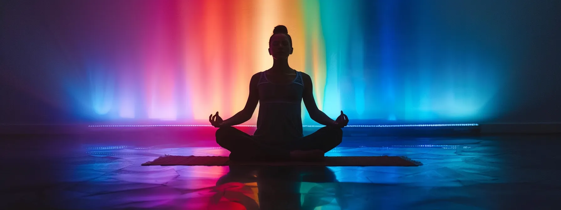 a person sitting cross-legged, eyes closed, surrounded by glowing chakra colors while visualizing energy flow and practicing deep breathing for meditation and chakra balance.