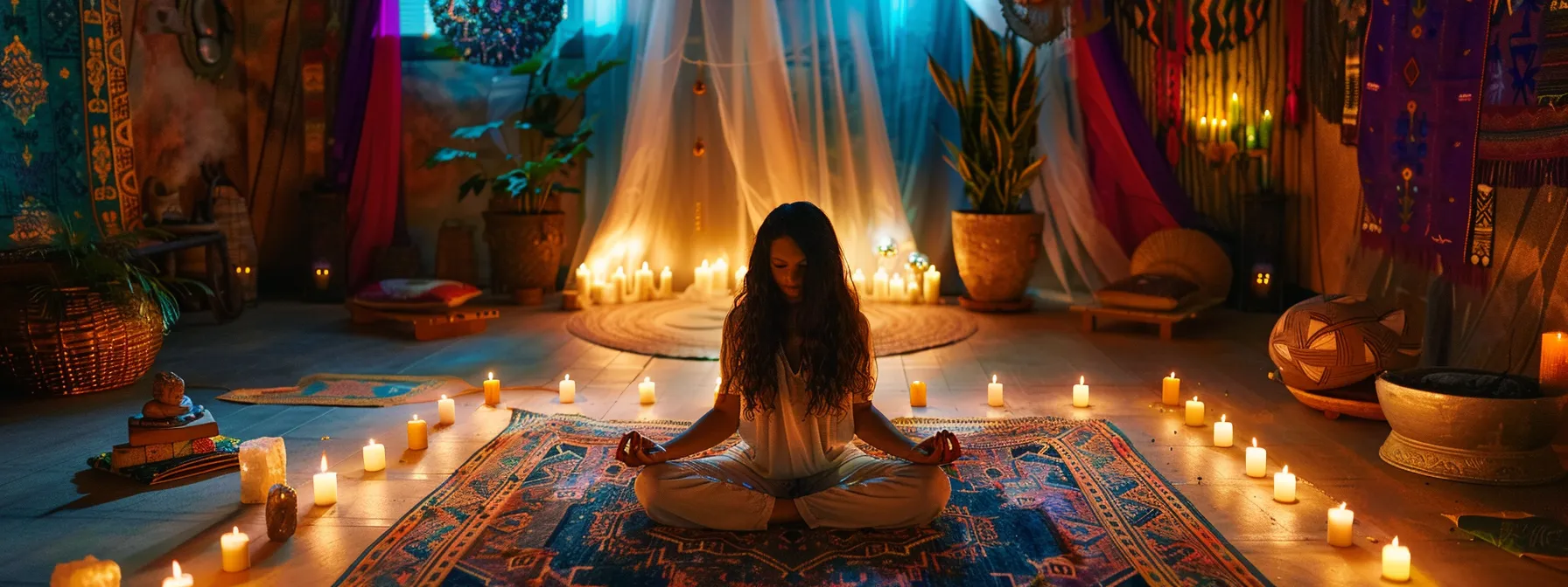 a person sitting cross-legged with closed eyes, surrounded by candles and crystals, in a serene yoga studio adorned with colorful tapestries and incense.