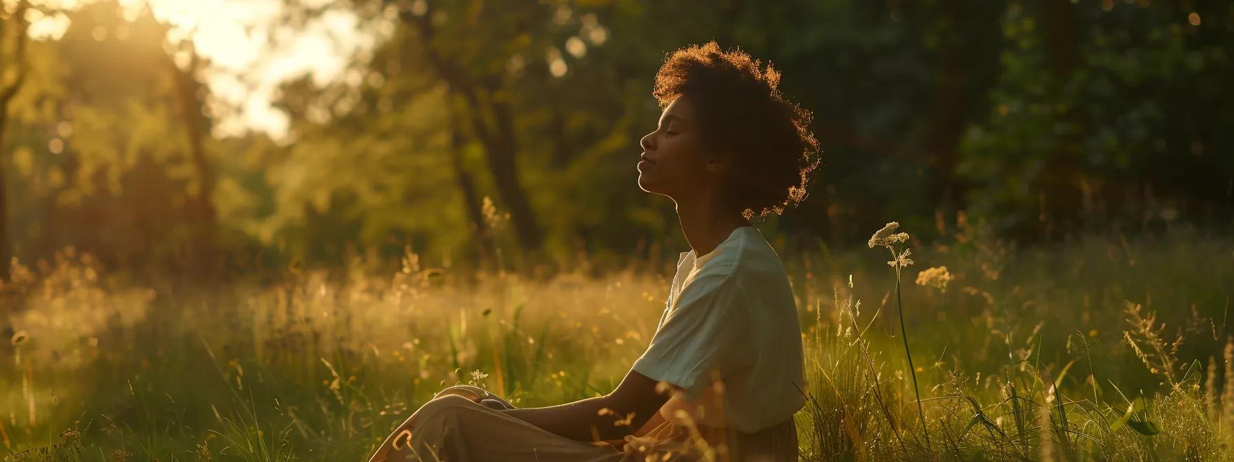 a person sitting in a serene meadow, eyes closed, visualizing their clear and specific goals with a peaceful state of mind, radiating feelings of joy, peace, and fulfillment.