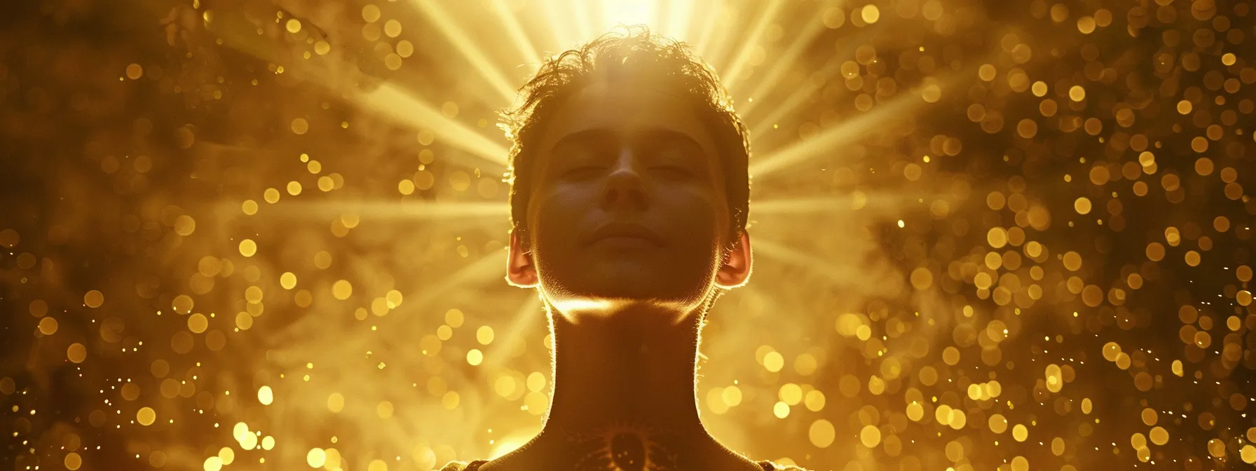 a person surrounded by a golden aura, eyes closed in deep meditation, as beams of light shine down upon them, symbolizing the signs of kundalini energy awakening.