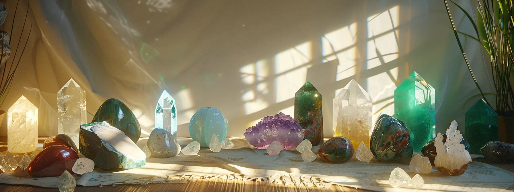 a serene crystal altar with a variety of colorful healing stones neatly arranged, shimmering under soft, natural light.