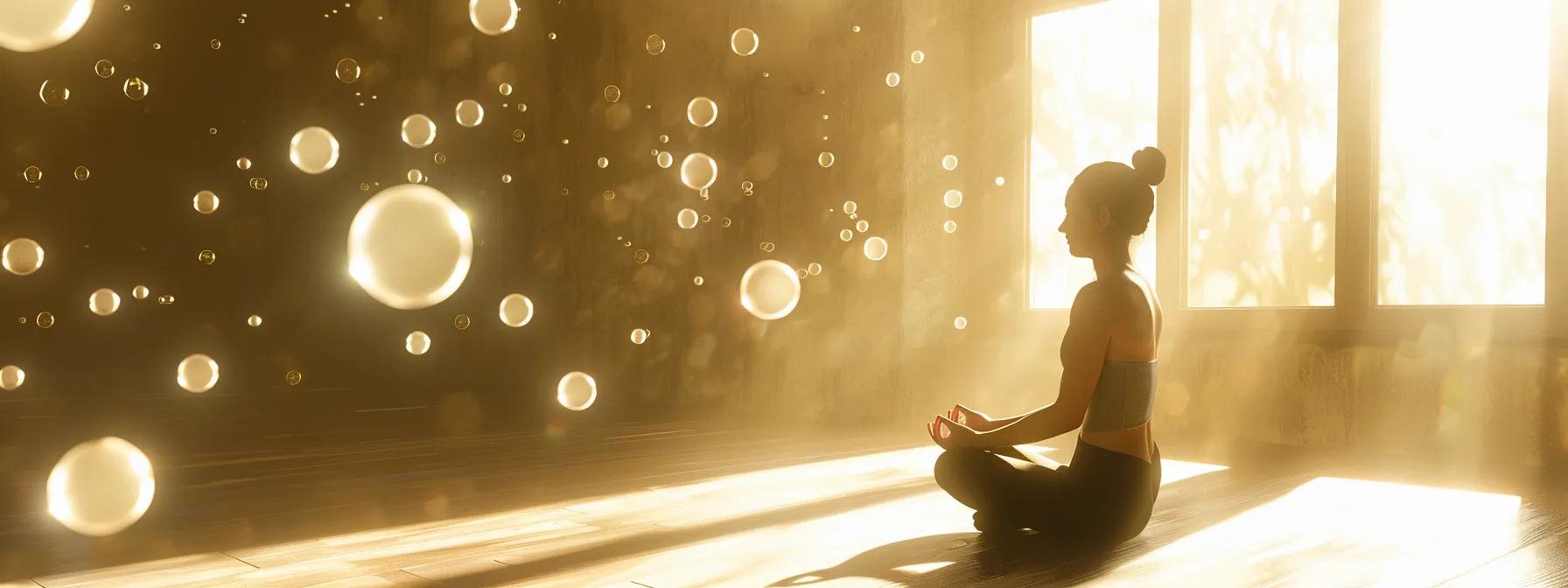 a serene figure meditating in a sun-drenched room, surrounded by floating orbs of glowing intuition.