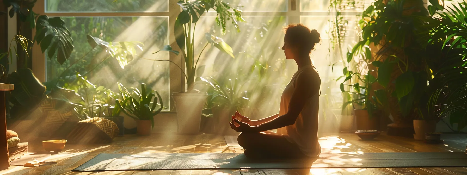 a serene figure meditating in a sunlit room, surrounded by yoga mats and plants, deepening their connection to their energy centers.