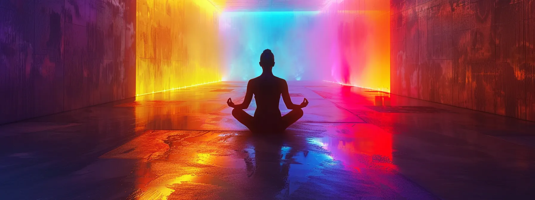 a serene individual meditating in a tranquil, personal sanctuary surrounded by glowing, vibrant chakra colors.