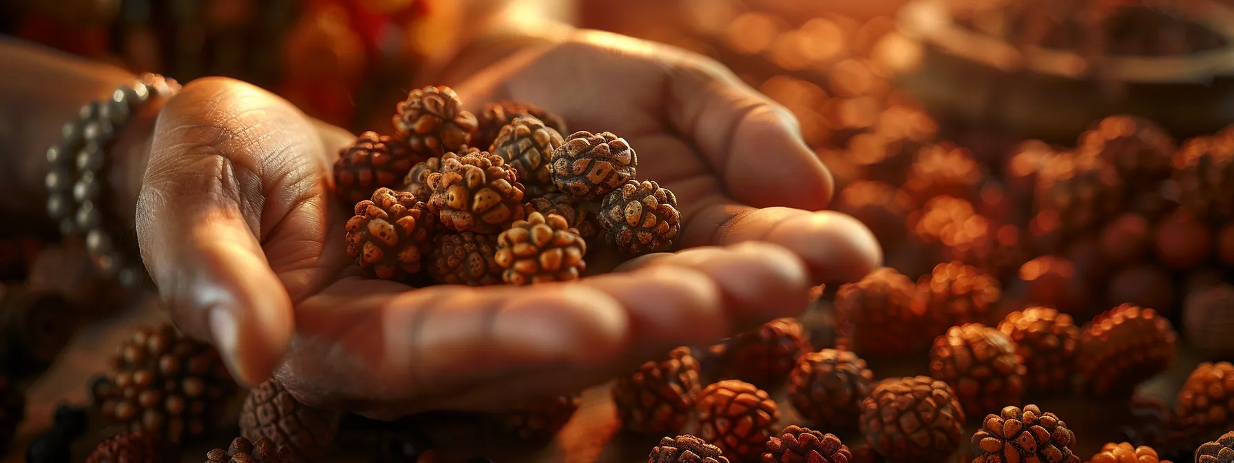 a serene photo of a person holding a rudraksha bead with a look of peaceful contemplation, surrounded by various sizes of the sacred beads.