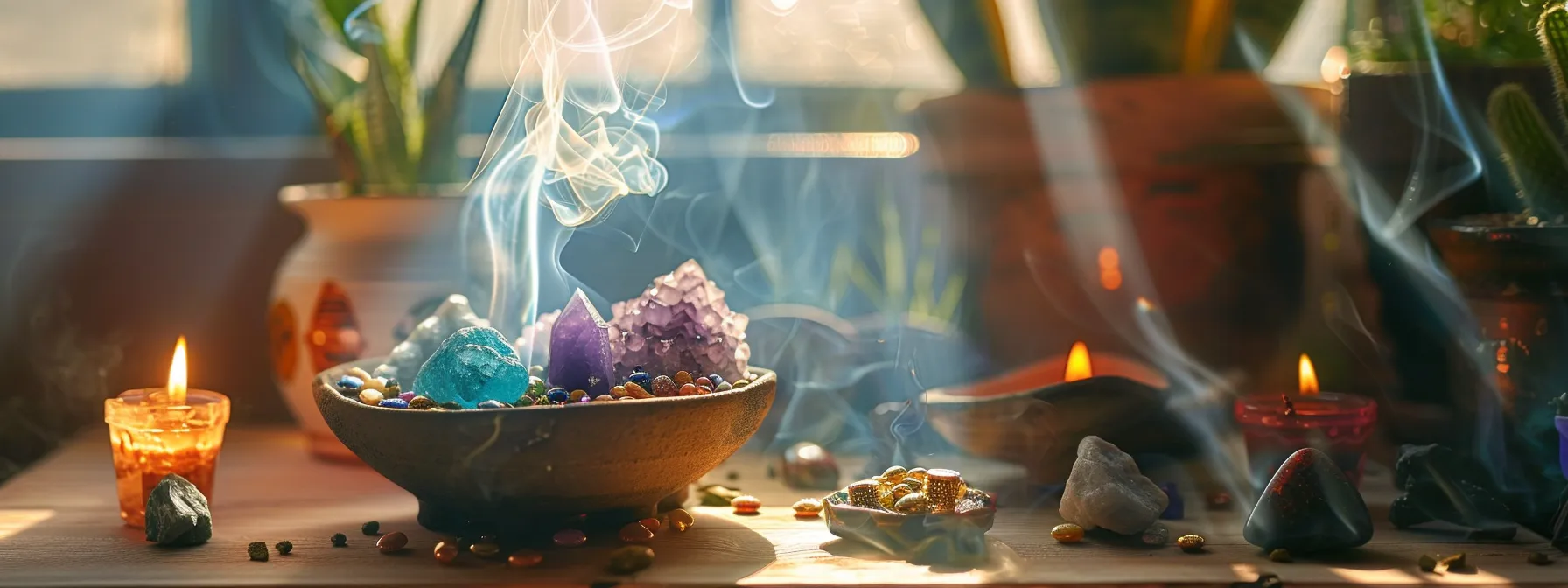 a serene, tranquil setting with colorful crystals, burning incense, and soft lighting, creating the perfect space for practicing chakra alignment.