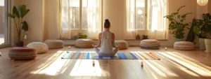 a serene yoga studio with soft lighting, a colorful woven mat, and a peaceful instructor guiding a beginner through a kundalini yoga session.