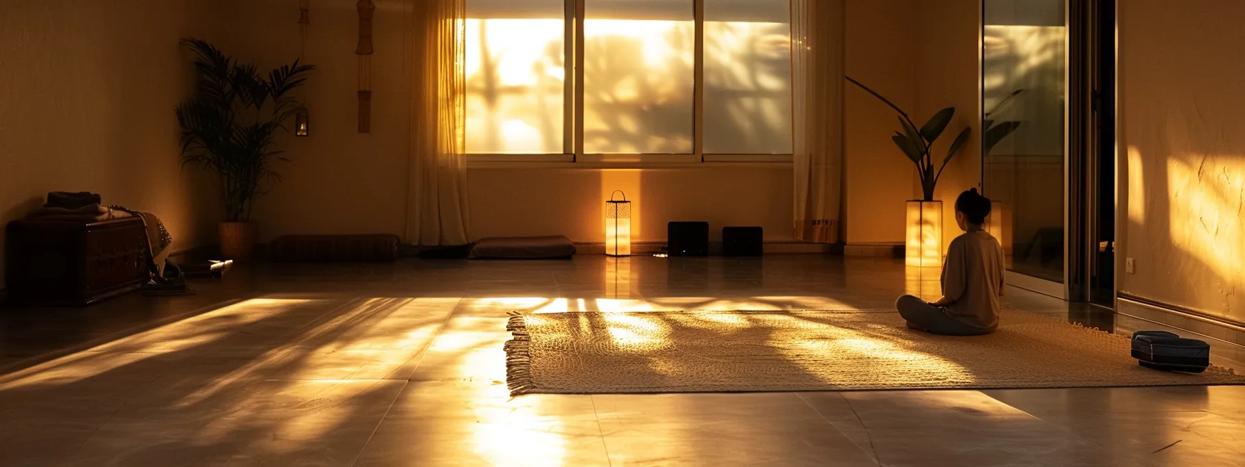 a serene yoga studio with soft lighting, a calming atmosphere, and a person engaged in gentle warm-up exercises to prepare their mind and body for pranayama practice.