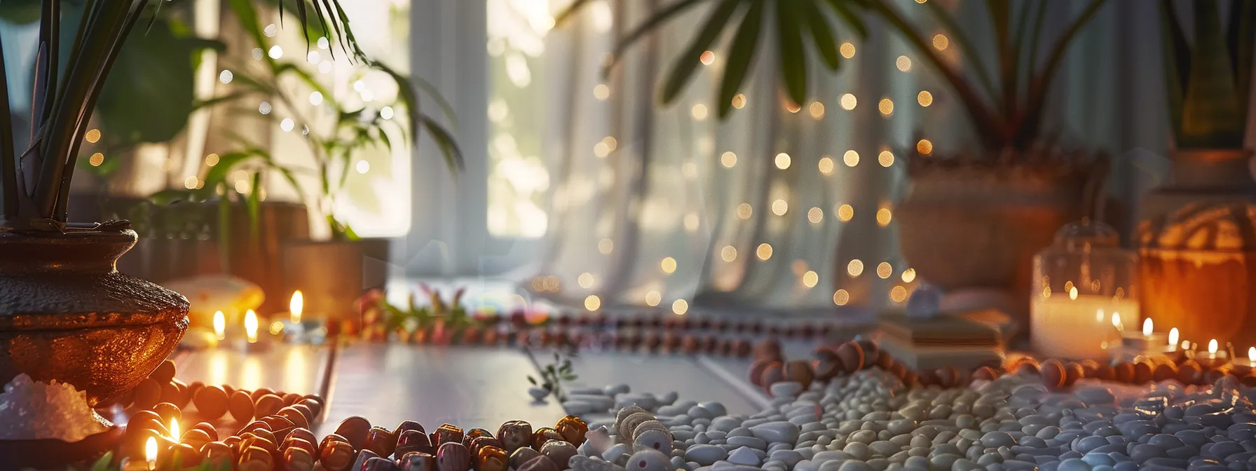 a tranquil meditation space adorned with rudraksha beads, candles, and crystals, creating a serene atmosphere for spiritual growth and healing.